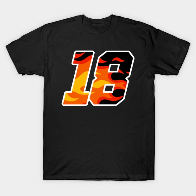 On Fire Racing Number 18 T-Shirt by Kev Brett Designs